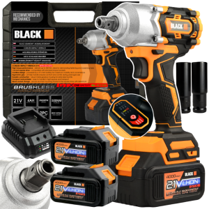 KLUCZ UDAROWY AKUMULATOROWY 21V 500Nm BRUSHLESS 1/2" 2x4Ah BLACK + NASADKI