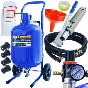 ZESTAW PIASKARKA SYFONOWA 19L MOBILNA NA KÓŁKACH PISTOLET 4 DYSZE MASKA WĄŻ