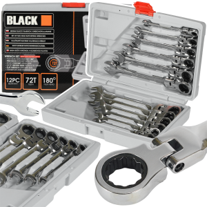 ZESTAW KLUCZE PŁASKO OCZKOWE GRZECHOTKA ŁAMANE 8-19mm BLACK 12 EL WALIZKA